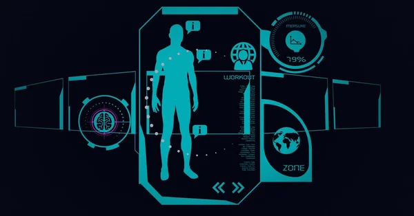 Sammansättning Omfattning Skanning Mänskliga Och Medicinska Databehandling Skärmar Svart Bakgrund — Stockfoto