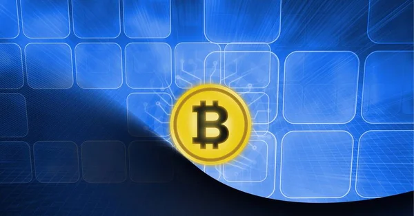 Mavi Arkaplandaki Bağlantılar Yerine Bitcoin Sembollerinin Bileşimi Küresel Kripto Para — Stok fotoğraf