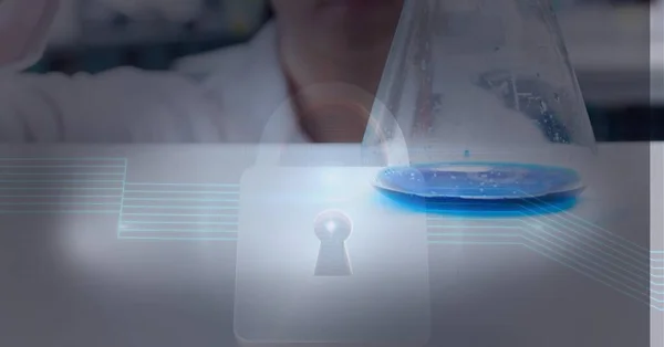 Composition of online security padlock icon over scientist with test tube. global science, medicine, digital interface and data processing concept digitally generated image