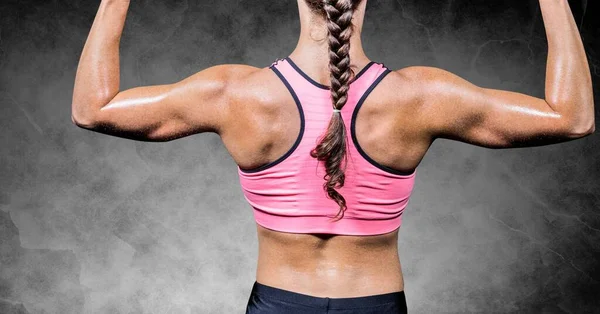 Sammansättning Bakre Bilden Stark Kaukasisk Kvinna Rosa Topp Sport Fitness — Stockfoto