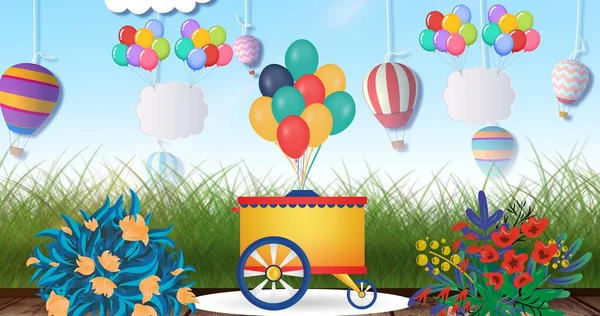 Composition Stand Colourful Balloons Spring Flowers Blue Background Celebration Party — Fotografia de Stock