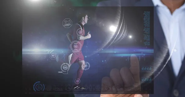 Composizione Uomo Affari Toccando Schermo Con Footboller Sport Icone Digitali — Foto Stock