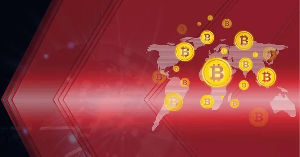 Samenstelling Van Bitcoin Symbolen Verbindingen Wereldbol Wereldkaart Rode Achtergrond Mondiaal — Stockfoto