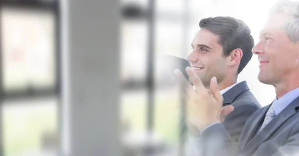Composition Two Successful Caucasian Businessmen Smiling Clapping Blurred Office Global — Stock Photo, Image