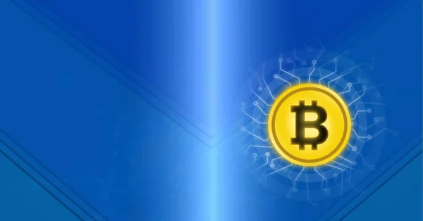 青の背景に接続上のビットコイン記号の構成 世界的な暗号通貨ビジネスと接続の概念デジタルで生成された画像 — ストック写真