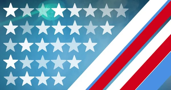 Composition of white stars and white and red stripes of american flag on blue background. independence day celebration, tradition and patriotism concept digitally generated image.