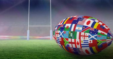 Spor stadyumunda milli bayraklı ragbi topuyla boş stantların canlandırılması. spor ve şampiyonluk konsepti dijital olarak üretilen video.