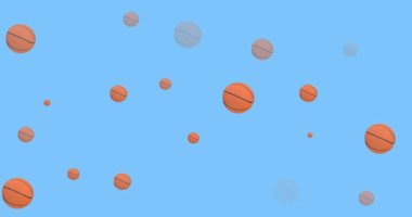 Mavi arka planda birden fazla sıra basketbol topu animasyonu. spor ve yarışma konsepti dijital olarak oluşturulmuş video.