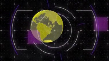 Dürbün taraması ve işaretleri olan dünyanın animasyonu. küresel bağlantılar ve teknoloji konsepti dijital olarak oluşturulmuş video.