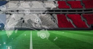 Bağlantı ağının animasyonu, Fransız bayrağı üzerindeki dünya haritası spor stadyumundaki boş stantlarda. küresel ağ, spor ve şampiyonluk konsepti dijital olarak oluşturulmuş video.