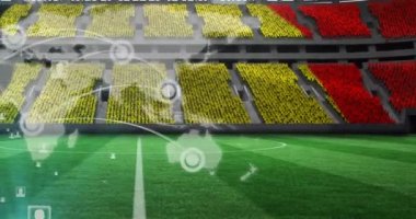 Bağlantılar ağı animasyonu, spor stadyumundaki boş stantlarda Belçika bayrağı üzerinde dünya haritası. küresel ağ, spor ve şampiyonluk konsepti dijital olarak oluşturulmuş video.