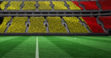Spor stadyumundaki boş futbol sahasında Belçika bayrağı animasyonu. spor ve şampiyonluk konsepti dijital olarak üretilen video.