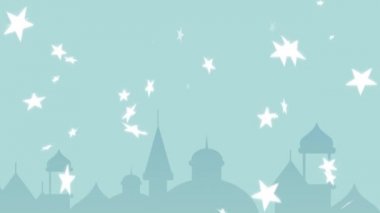 Hilal ay, lambalar ve kayan yıldızların mavi üzerine beyaz renkte olduğu Arap tarzı çatıların animasyonu. Müslüman Arap geleneksel festival konsepti, dijital olarak üretilen video.