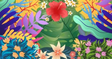 Yeşil arka planda renkli tropikal yaprakların ve yaprakların animasyonu. Doğa, ilkbahar, yaz ve refah konsepti, dijital olarak üretilen video.