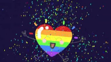 Gülen gökkuşağı animasyonu kalp şeklinde ve siyah üzerine düşen konfeti. lgbt gurur ve eşitlik kutlaması konsepti, dijital olarak oluşturulmuş video.