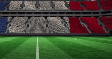 Spor stadyumundaki boş futbol sahasında Fransız bayrağı animasyonu. spor ve şampiyonluk konsepti dijital olarak üretilen video.