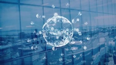 Şehrin arka planında bağlantıları olan dünyanın animasyonu. küresel ağlar, bağlantılar ve teknoloji konsepti dijital olarak oluşturulmuş video.