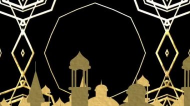Altın Arap tarzı çatıların, ayın, lambaların ve yıldızların animasyonları. Siyahın üzerinde kaleydoskop çizgileri var. Müslüman Arap geleneksel festival konsepti, dijital olarak üretilen video.