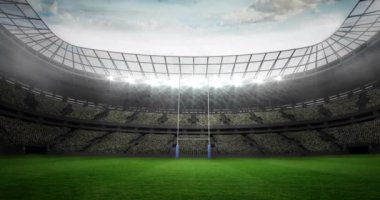 Spor stadyumunda hareket eden yeşil ekranların animasyonu. Spor etkinliği ve yarışma konsepti dijital olarak oluşturulmuş video.