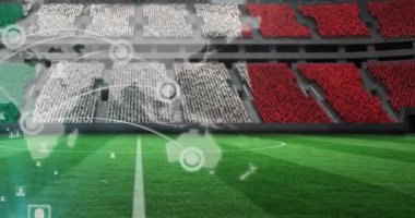 Bağlantı ağının animasyonu, spor stadyumundaki boş stantlarda duran İtalyan bayrağının üzerindeki dünya haritası. küresel ağ, spor ve şampiyonluk konsepti dijital olarak oluşturulmuş video.