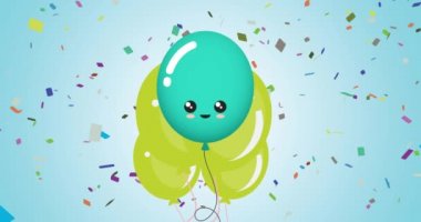 Mavi arka planda konfeti olan yeşil balon animasyonu. kutlama ve parti konsepti dijital olarak oluşturulmuş video.