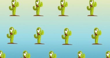 Mavi arka planda hareket eden yüzlü kaktüslerin dizilimi. örüntü, kutlama ve doğa konsepti dijital olarak oluşturulmuş video.