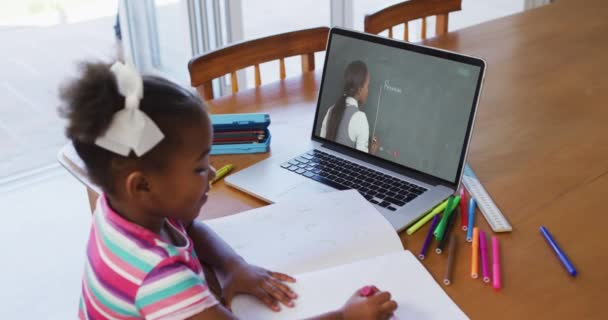 Ragazza Afroamericana Che Compiti Mentre Una Videochiamata Con Insegnante Sesso — Video Stock