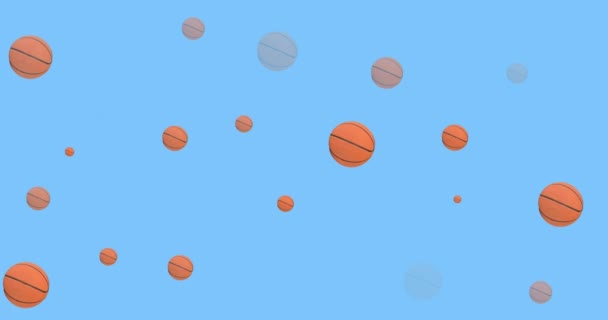 Animation Mehrerer Reihen Basketbälle Auf Blauem Hintergrund Sport Und Wettkampfkonzept — Stockvideo