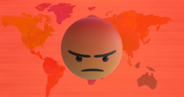 Animazione Dell Icona Emoji Arrabbiata Sulla Mappa Del Mondo Connessioni — Video Stock