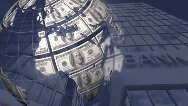 Animación Globo Formado Con Billetes Dólar Americano Sobre Edificio Bancario — Vídeos de Stock