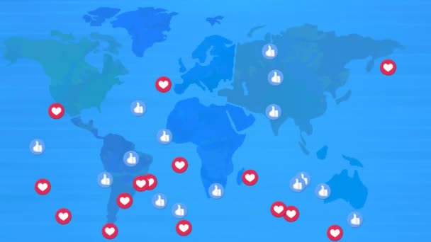 Animazione Social Media Come Amore Icone Che Sorvolano Mappa Del — Video Stock