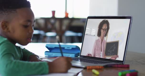 Afroamerykanin Siedzący Przy Biurku Korzystający Laptopa Lekcjach Online Domu Izolacji — Wideo stockowe