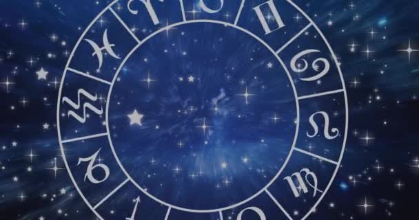 Skład Symbolu Znaku Gwiazdy Wabry Wirującym Kole Zodiaku Nad Świecącymi — Wideo stockowe