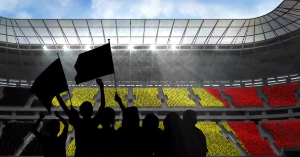 Animatie Van Silhouetten Van Sportfans Die Juichen Met Belgische Vlag — Stockvideo