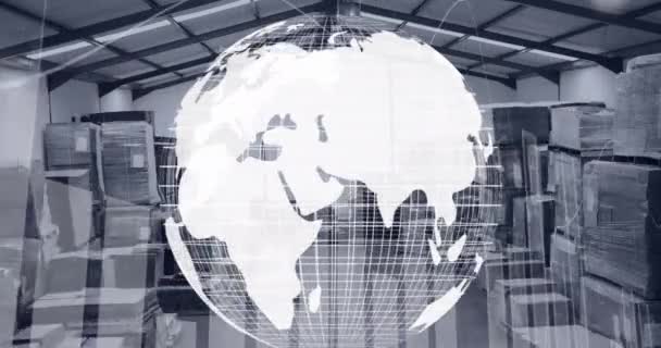 Animacja Kuli Wirującej Nad Magazynem Globalna Żegluga Połączenia Koncepcja Technologii — Wideo stockowe