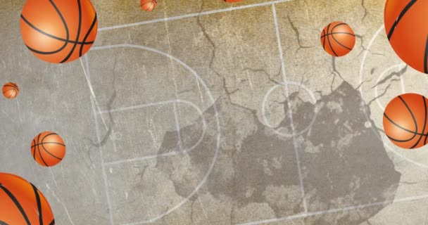 Animatie Van Stuiterende Basketbalveld Ballen Gebarsten Achtergrond Sport Concurrentie Concept — Stockvideo