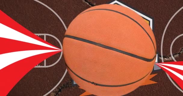 赤と白のトレイルを背景にバスケットボールボールとトーナメントバッジのアニメーション スポーツと競争の概念をデジタルで生成し — ストック動画