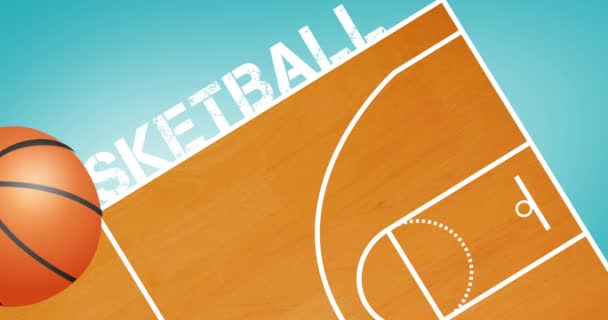 バスケットボールコートを横切るバスケットボールのアニメーションと青の背景にテキスト スポーツイベントと競争の概念デジタル生成ビデオ — ストック動画