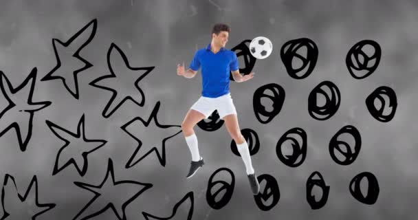 Animation Football Player Ball Stars Dots Grey Background Sport Competition — Stock Video