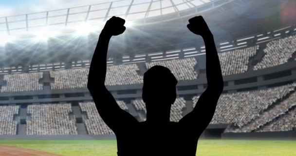 Animation Silhouette Male Athlete Cheering Arms Air Sports Stadium Sports — Stock Video