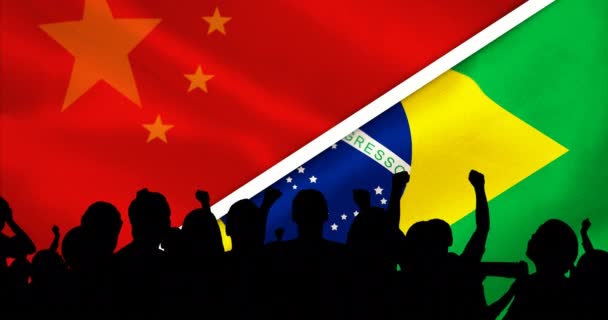 Animatie Van Silhouet Van Sport Fans Met Chinese Braziliaanse Vlag — Stockvideo