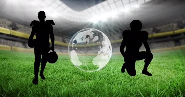 美国足球运动员和地球人在体育场上的轮廓的动画 体育活动及比赛概念数码录影 — 图库视频影像