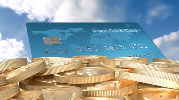 Animace Kreditní Karty Stohu Zlatých Dolarových Mincí Obloze Globální Podnikatelský — Stock video