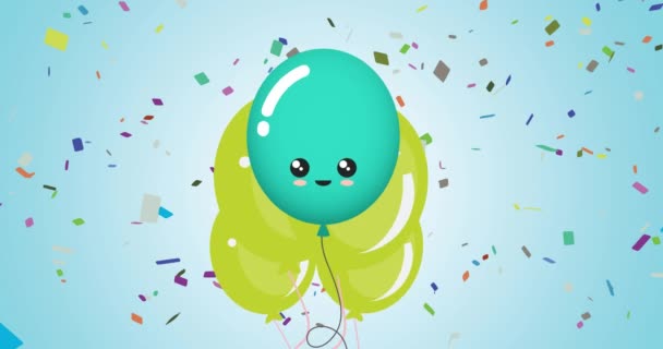 Animatie Van Groene Ballonnen Met Confetti Blauwe Achtergrond Viering Party — Stockvideo
