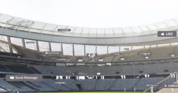 Animação Ícones Mídia Social Banners Sobre Estádio Esportes Vazio Comunicação — Vídeo de Stock