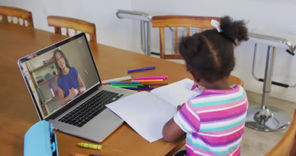 非洲裔美国女孩一边做作业 一边在家里用笔记本电脑与女教师进行视频通话 远程学习和网上教育概念 — 图库视频影像