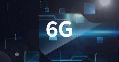 Mavi ekranlar ve ışık yollarının üzerinde 6G metin kompozisyonu. küresel ağlar, teknoloji, dijital arayüz ve dijital olarak oluşturulan iletişim konsepti.