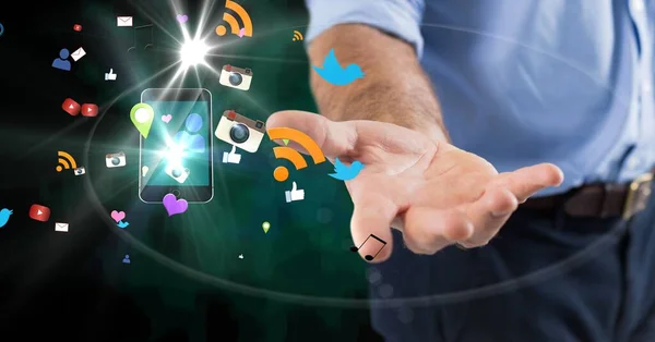 Sammansättning Digitala Online Ikoner Flyter Med Smartphone Över Affärsmannens Hand — Stockfoto