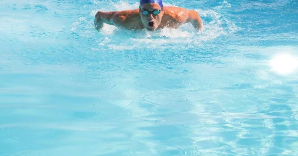 Composition Male Swimmer Swimming Pool Clear Water Glowing Light Copy — Stock Photo, Image