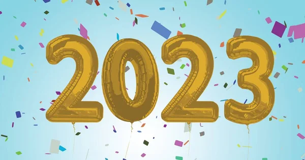 2023 Altın Balon Numarası Mavi Arka Planda Konfeti Kompozisyonu Yeni — Stok fotoğraf